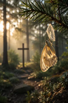 Golden Butterfly Emerging Beneath Evergreen Branch
