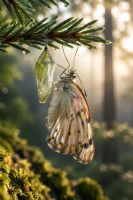 Newly Emerged Butterfly on Evergreen Branch