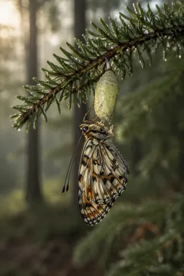 Butterfly Emerging on Evergreen Branch at Dawn