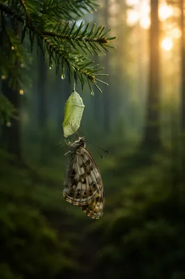 Butterfly Emerging on Evergreen Pine Branch