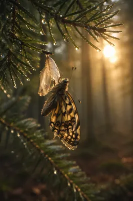 Butterfly Emerging from Evergreen Chrysalis at Dawn