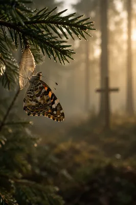 Butterfly Emerging From Cocoon on Evergreen Branch