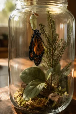 Butterfly Emerging From Chrysalis in Evergreen Terrarium