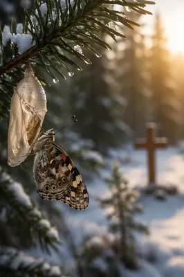 Butterfly Emerging Beside Evergreen Cocoon