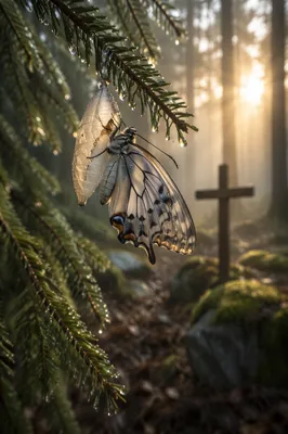 Butterfly Emerging Beside Evergreen Cross at Dawn
