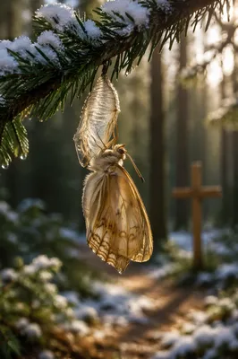 Butterfly Emerging Beneath Winter Evergreen Branch