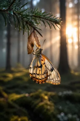 Butterfly Emerging from Evergreen Chrysalis