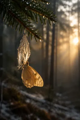 Pale Gold Butterfly Emerging Beneath Evergreen Branch