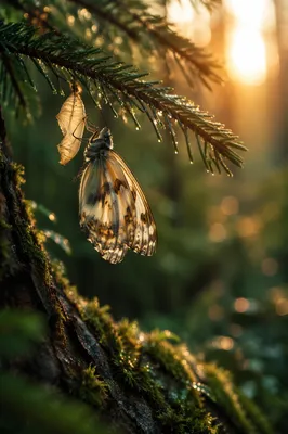 New Butterfly Emerging on Evergreen Branch