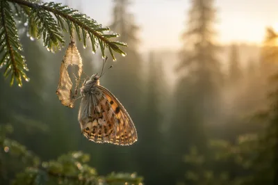 Butterfly Emerging From Cocoon on Evergreen Branch