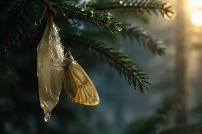 Golden Butterfly Emerging Beneath Evergreen Branch
