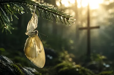 Golden Butterfly Emerging Beneath Evergreen Branch