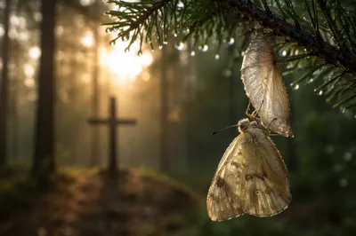 Butterfly Emerging Beneath Dewy Evergreen Branch