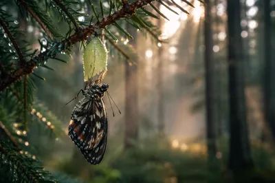 Butterfly Emerging From Evergreen Chrysalis