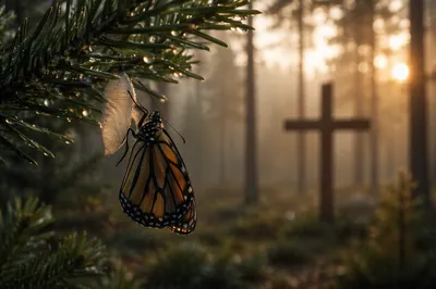 Butterfly Emerging Beside Evergreen Cross