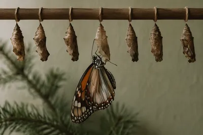 New Butterfly Emerging Beneath Rustic Cocoons