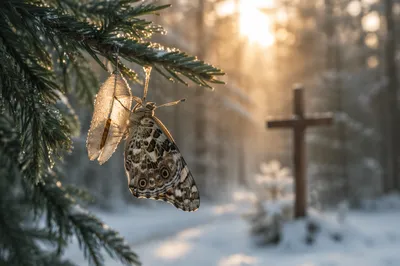 Butterfly Emerging Beside Evergreen Cocoon