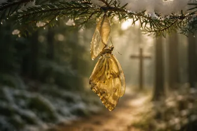 Butterfly Emerging Beneath Snowy Evergreen Branch