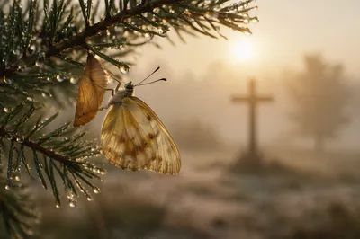 Butterfly Emerging From Cocoon at Winter Sunrise