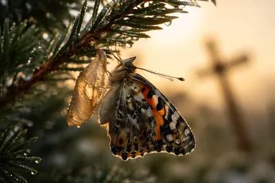 Butterfly Renewal on Dewy Evergreen Twig