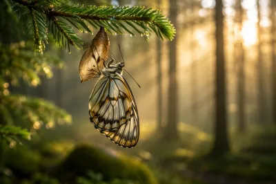 Butterfly Emerging from Evergreen Chrysalis at Sunrise
