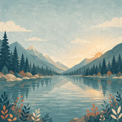 Calm Morning Lake with Evergreen Mountain Reflections