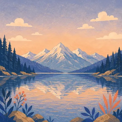 Calm Morning Lake with Evergreen Mountains