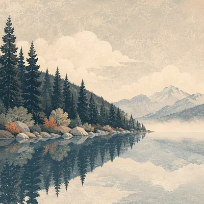 Misty Evergreen Lake Reflection at Dawn