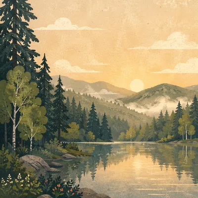Serene Morning Lake with Evergreen Mountains