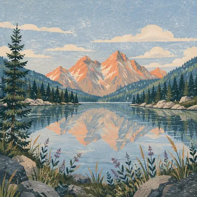 Serene Morning Lake and Evergreen Mountains