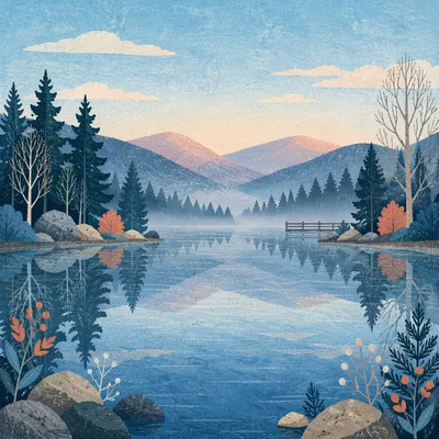 Calm Morning Lake with Evergreen Reflections