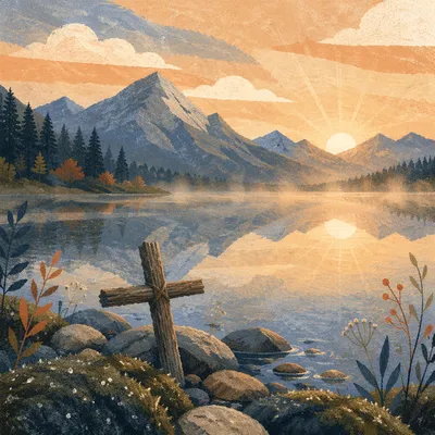 Morning Lake Reflection with Wooden Cross