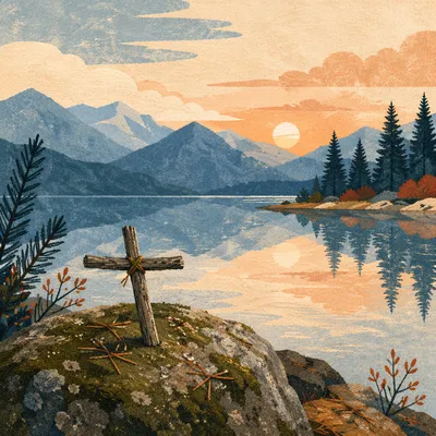 Morning Lake Cross with Mountain Reflection