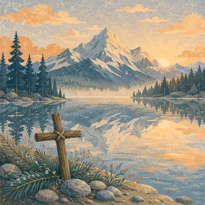 Quiet Alpine Lake Cross at Sunrise
