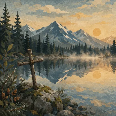 Morning Lake Reflection with Wooden Cross