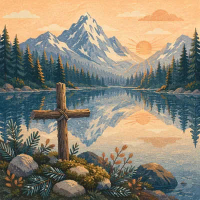 Wooden Cross by Calm Alpine Lake