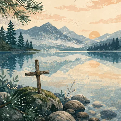 Wooden Cross by Calm Alpine Lake