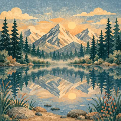 Calm Morning Lake with Evergreen Mountains