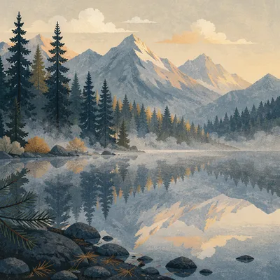 Calm Morning Lake Reflection in Evergreens