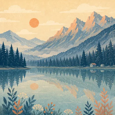 Calm Morning Lake Reflection in Evergreens