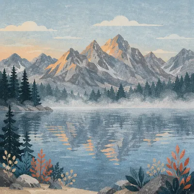 Calm Morning Lake Reflection in Evergreen Mountains