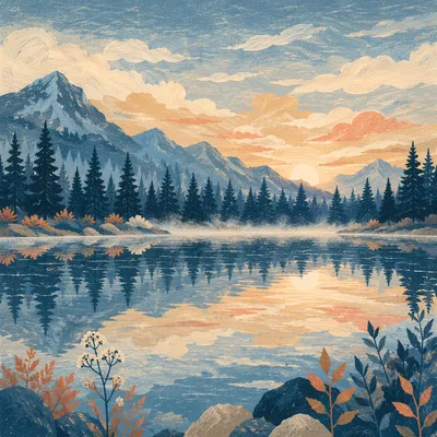 Calm Morning Lake Reflection and Mountains