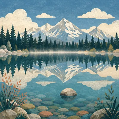 Calm Morning Lake Reflection in Evergreen Mountains