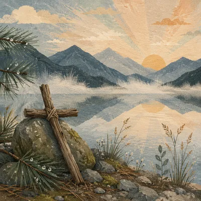 Morning Cross by Reflective Alpine Lake