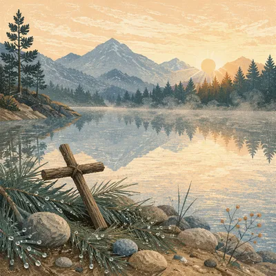 Morning Lake Reflection with Wooden Cross