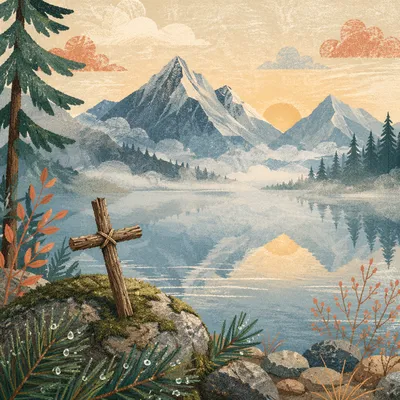 Morning Lake Cross with Mountain Reflection