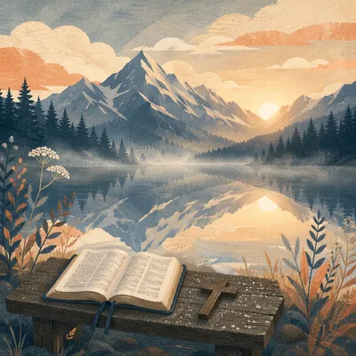 Morning Devotion by Calm Mountain Lake