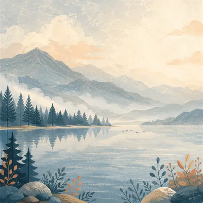Calm Morning Lake with Evergreen Reflections