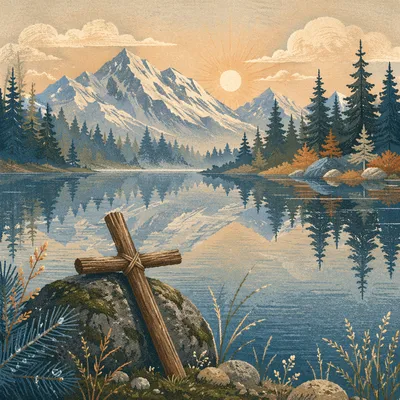 Morning Cross by Reflective Alpine Lake