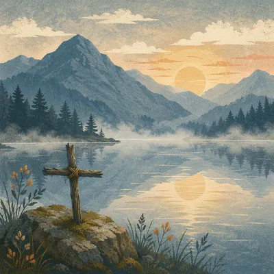 Morning Cross by Reflective Alpine Lake